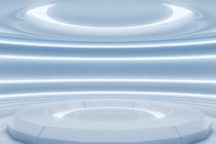 Interior of futuristic white round room with lights in the walls and ceiling. Concept of science fiction and future. 3d rendering