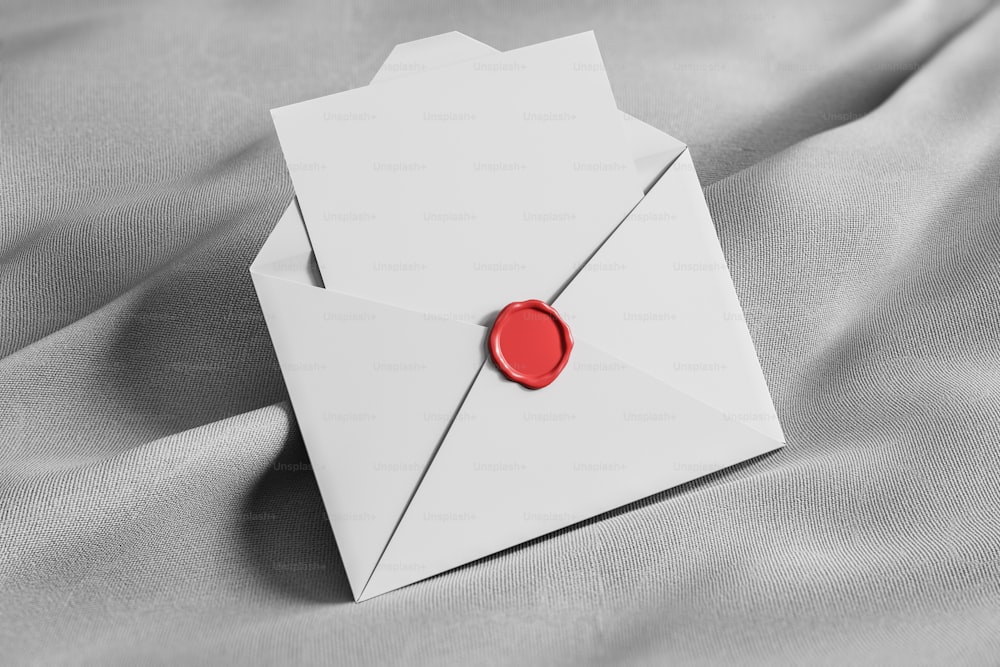 Abra o envelope branco com folha de papel em branco e carimbo cinza deitado sobre o tecido vermelho. Conceito de comunicação. Modelo de renderização 3D