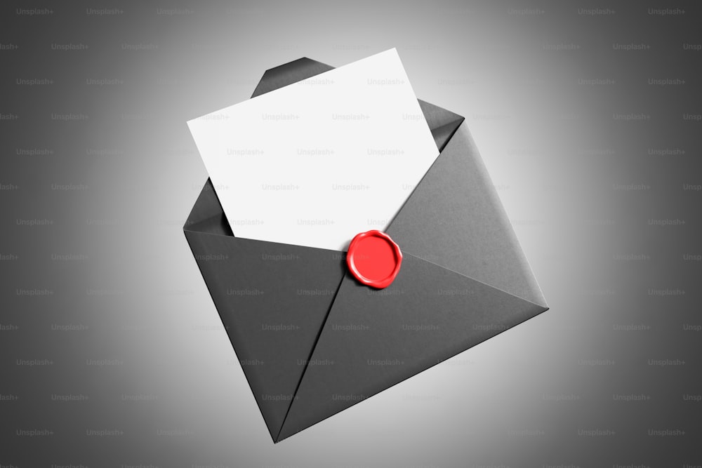 Öffnen Sie den grauen Umschlag mit einem leeren Blatt Papier und einem roten Stempel auf grauem Hintergrund. Kommunikationskonzept. 3D-Rendering-Mock-up