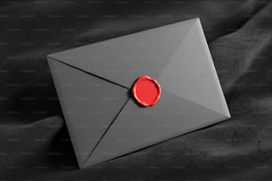 黒いティッシュの上に赤いスタンプが押された閉じた灰色の封筒。コミュニケーションのコンセプト。3Dレンダリングモックアップ