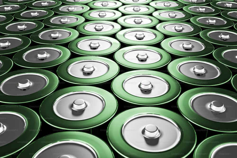 Rows of green alkaline batteries background. Concept of energy consumption and recycling. 3d rendering