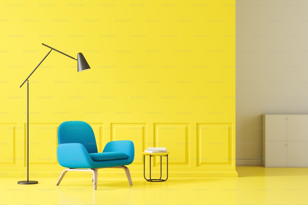 Minimalistic living room interior with yellow walls and floor and blue armchair standing near small table with books with a floor lamp above it. 3d rendering