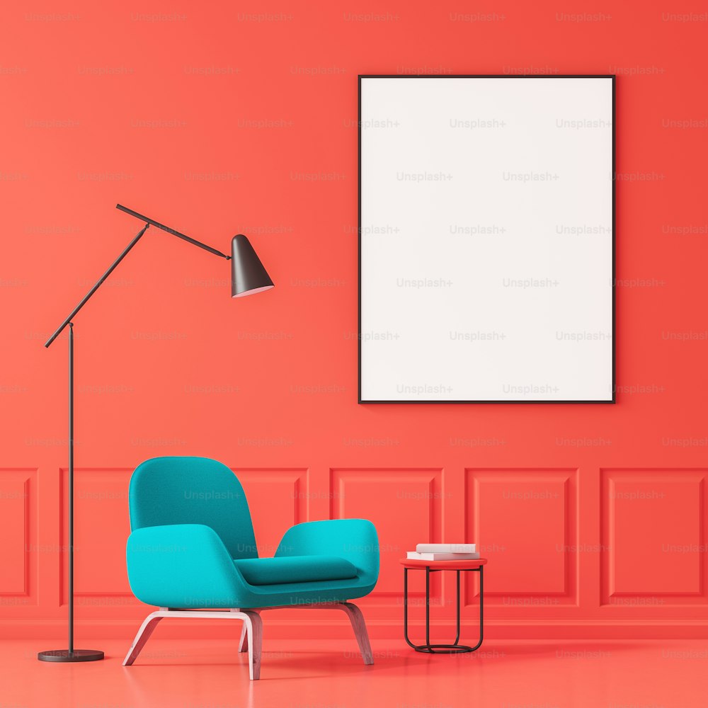 Minimalistic living room interior with red walls and floor and blue armchair standing near small table with books with a floor lamp above it. Vetial poster. 3d rendering mock up