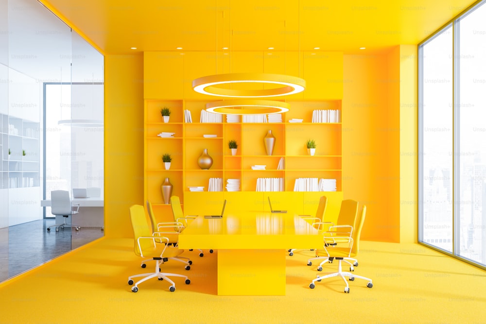 Interior of office meeting room with yellow walls and floor, panoramic window, long table with yellow chairs and yellow bookcase. 3d rendering