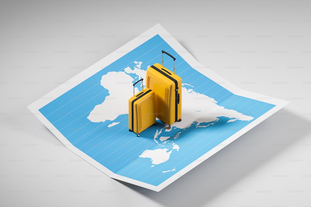Yellow suitcases standing on world map lying on white surface. Concept of travelling and tourism. 3d rendering