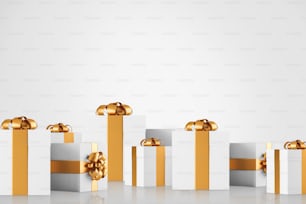 Stack of white gift boxes with yellow ribbons over white background. Concept of celebration and holiday season. 3d rendering