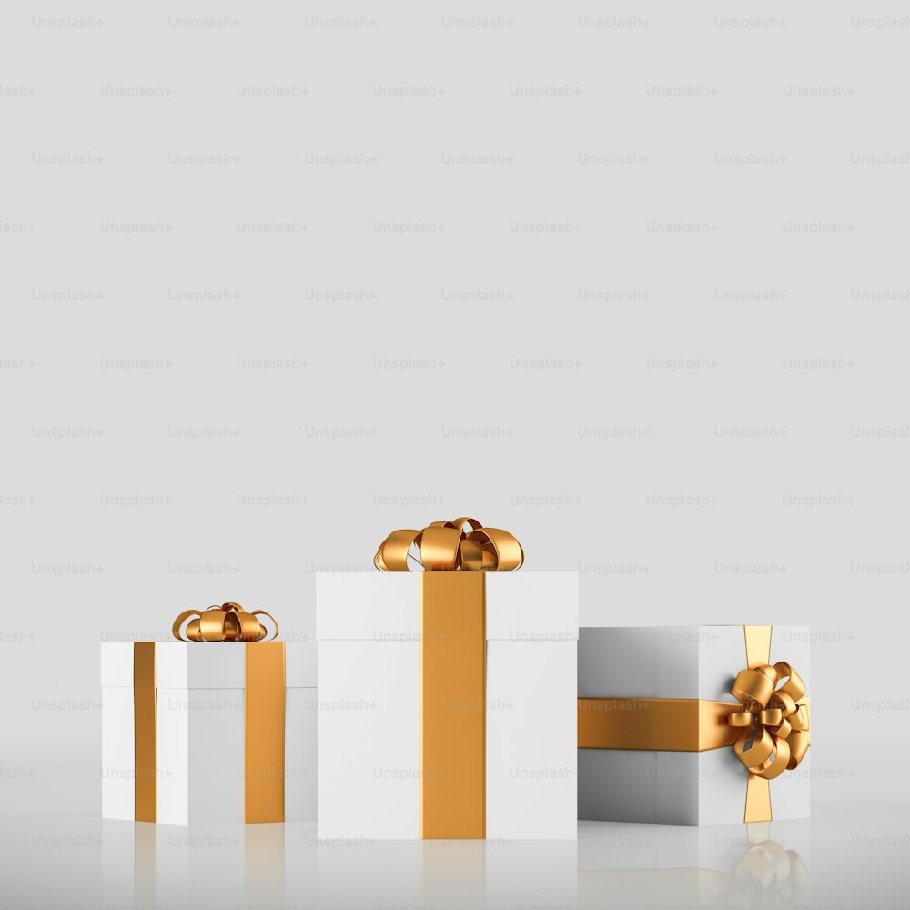 Three white gift boxes with yellow ribbons over white background. Concept of celebration and holiday season. 3d rendering