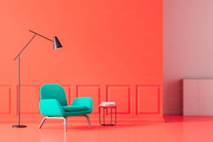Minimalistic living room interior with red walls and floor and blue armchair standing near small table with books with a floor lamp above it. 3d rendering