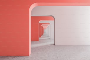 Interior of empty corridor with pink and white walls and arched doorways. Concept of interior design. 3d rendering