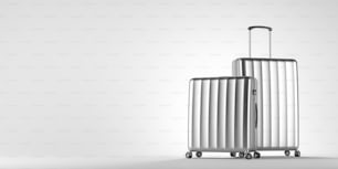 하얀 배경 위에 서 있는 두 개의 세련된 은색 여행 가방. 관광과 여행의 개념. 3d 렌더링 모형