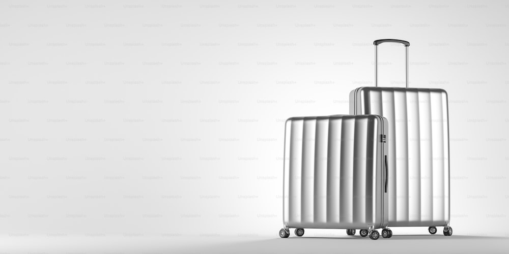 Two stylish silver suitcases standing over white background. Concept of tourism and travelling. 3d rendering mock up