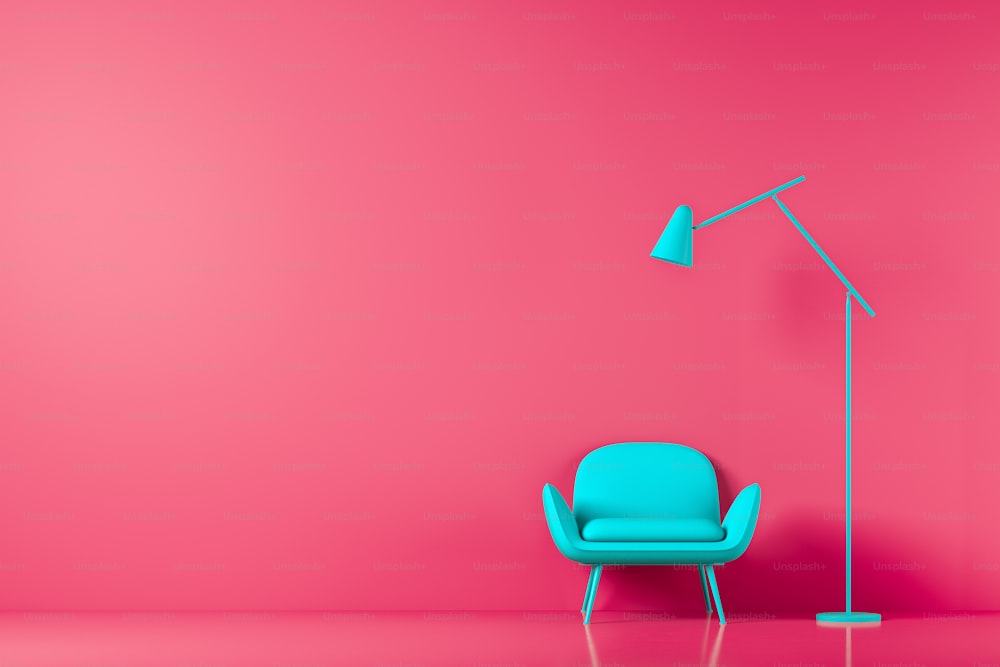 Chair in colored background wall in open space with morden lamp. Mock up. 3D render