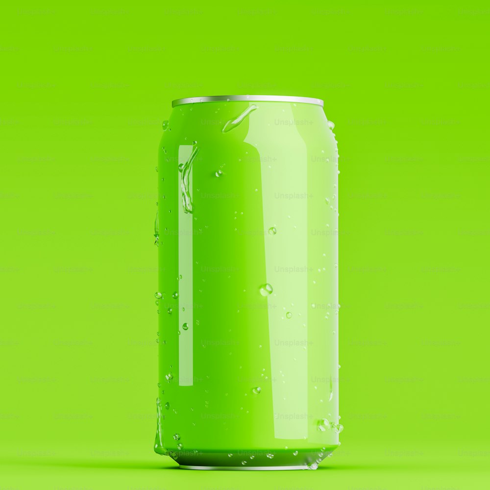 Green blank aluminum can with drops of water on it standing on green surface. Concept of fizzy drink or beer packaging. 3d rendering