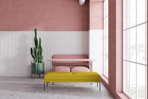 Interieur eines modernen Cafés mit rosa und weißen Wänden, Steinboden, hellrosa Sofa und gelber Bank in der Nähe des rosa Tisches. 3D-Rendering
