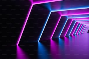 Vista laterale del corridoio futuristico vuoto con luci al neon viola e blu. Concetto di fantascienza e interior design. Rendering 3D