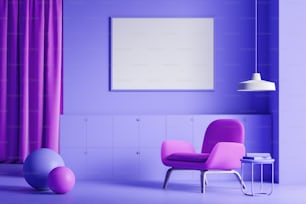 보라색 벽과 바닥, 보라색 커튼, 수평 모형 포스터가 있는 편안한 보라색 안락의자가 있는 미니멀한 거실 인테리어. 책과 두 개의 공이 있는 테이블. 3D 렌더링
