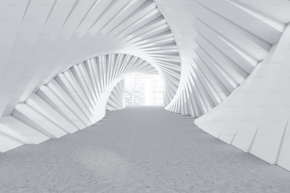 Intérieur futuriste d’une salle vide avec des murs blancs à motifs géométriques et une grande fenêtre avec paysage urbain. Concept de design d’intérieur et d’architecture. Rendu 3D