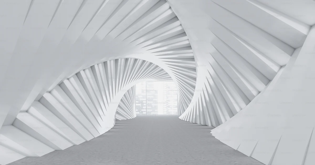Futuristic interior of empty hall with white geometric pattern walls ...