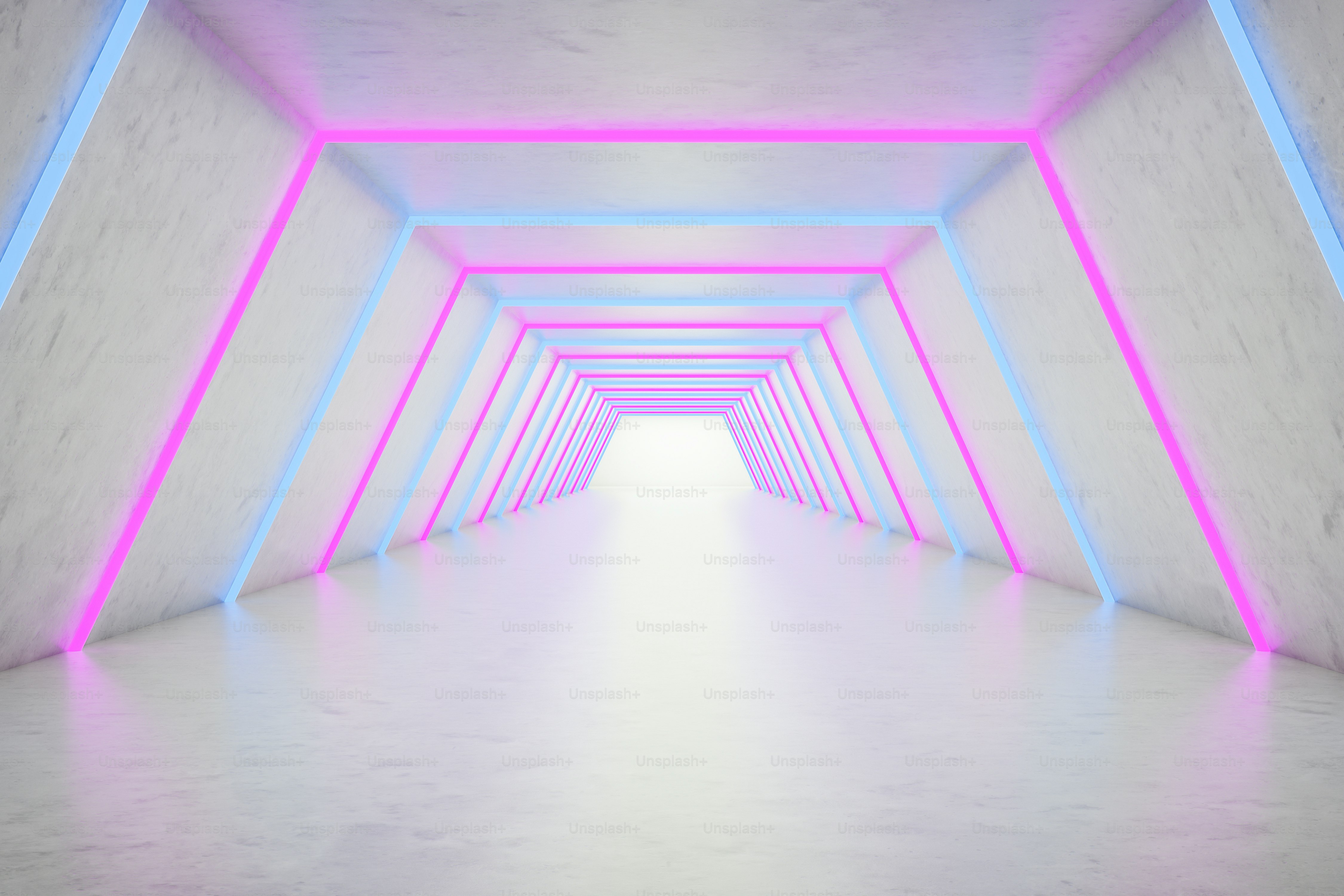 Empty hexagonal corridor with white walls and floor and glowing blue and pink neon lights. Concept of interior design and success. 3d rendering