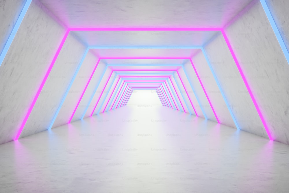 Empty hexagonal corridor with white walls and floor and glowing blue and pink neon lights. Concept of interior design and success. 3d rendering