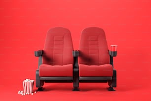 Zwei rote Kinostühle mit kohlensäurehaltigem Getränk und einer Schachtel Popcorn auf rotem Hintergrund. Konzept der Unterhaltung. 3D-Rendering