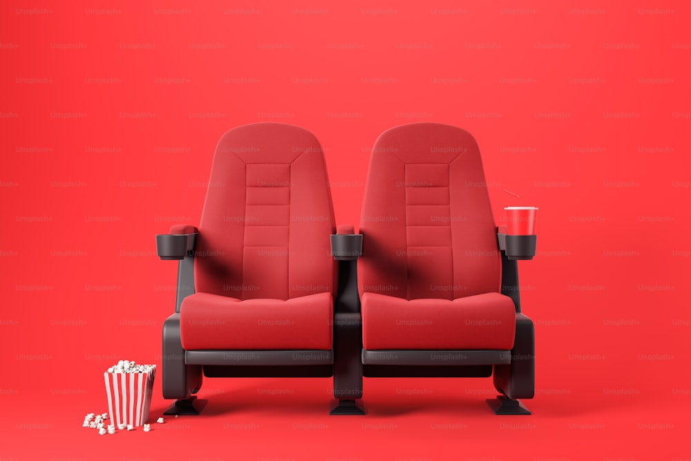 Due sedie da cinema rosse con bevanda gassata e scatola di popcorn su sfondo rosso. Concetto di intrattenimento. Rendering 3D