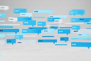 Blaue und weiße Textnachrichtenvorlagen auf weißem Hintergrund. Konzept der Kommunikation. 3D-Rendering