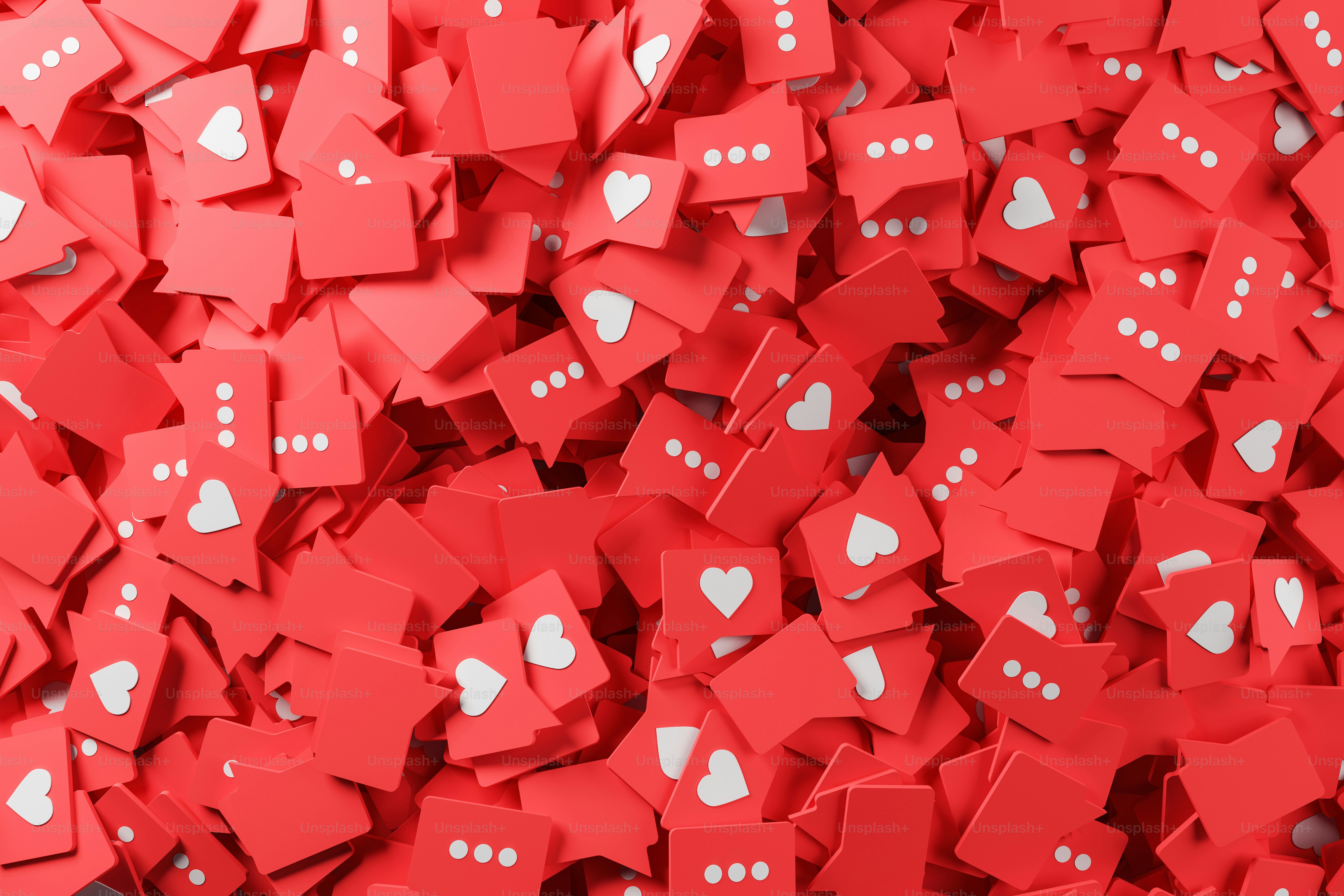 Top view of red and white social media like symbols, speech bubbles and empty templates. Concept of internet and online communication. 3d rendering