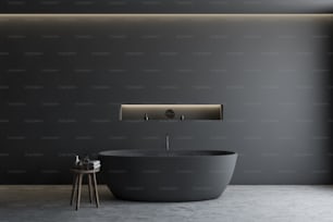 Interior de baño minimalista con paredes grises, piso de concreto, cómoda bañera gris y estante con espejo y cremas. Renderizado 3D