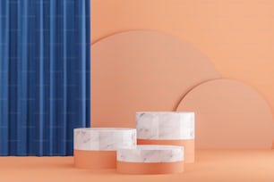 Tavoli rotondi beige e marmo per la presentazione del prodotto in piedi in camera beige con tenda blu. Concetto di pubblicità. Rendering 3D