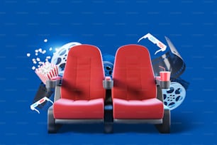 팝콘, 음료, 3D 안경, 영화 릴이 있는 두 개의 빨간 영화관 의자가 파란색 배경 위에 있습니다. 엔터테인먼트의 개념입니다. 3D 렌더링
