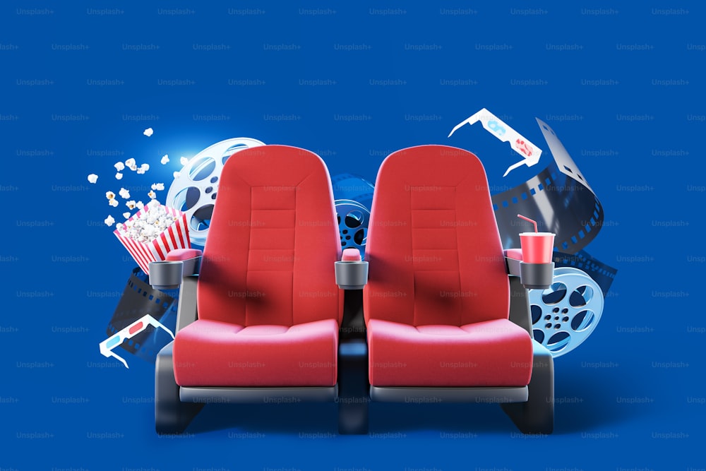 Dos sillas de cine rojas con palomitas de maíz, bebida, vasos 3D y carretes de película sobre fondo azul. Concepto de entretenimiento. Renderizado 3D