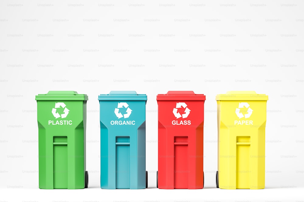 Recycling- und Umweltschutzkonzept. Reihe von grünen, blauen, roten und gelben Papierkörben auf weißem Hintergrund. 3D-Rendering