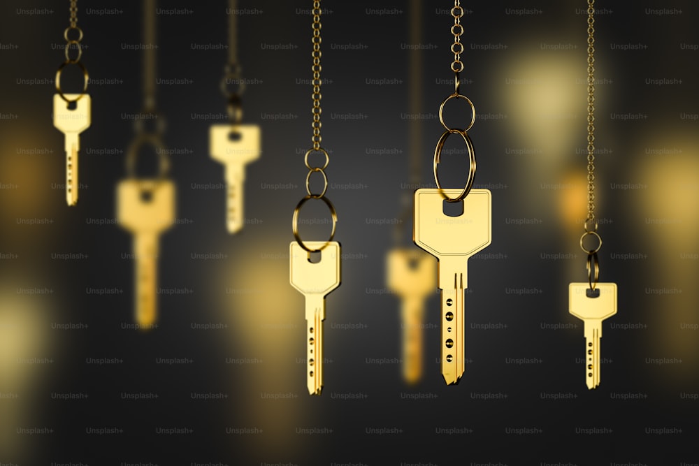 Llaves doradas brillantes en cadenas sobre fondo negro borroso. Concepto de mercado inmobiliario y clave del éxito. Renderizado 3D
