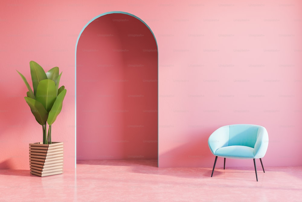 Innenraum des hellen Wohnzimmers mit rosa Wänden und Boden, blauem Sessel und Topfpflanze. 3D-Rendering