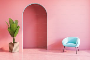 Innenraum des hellen Wohnzimmers mit rosa Wänden und Boden, blauem Sessel und Topfpflanze. 3D-Rendering