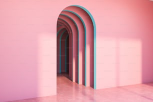 Interno del corridoio con pareti e pavimento rosa e porta ad arco. Concetto di interior design. Rendering 3D