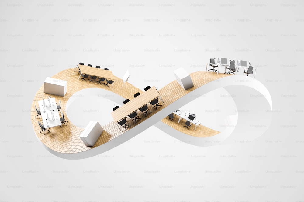 White Mobius strip with office furniture over white background. Concept of corporate life and routine. 3d rendering