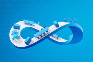 파란색 배경 위에 사무용 가구가 있는 흰색 뫼비우스 스트립. 회사 생활과 일상의 개념. 3D 렌더링