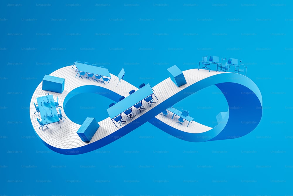 White Mobius strip with office furniture over blue background. Concept of corporate life and routine. 3d rendering