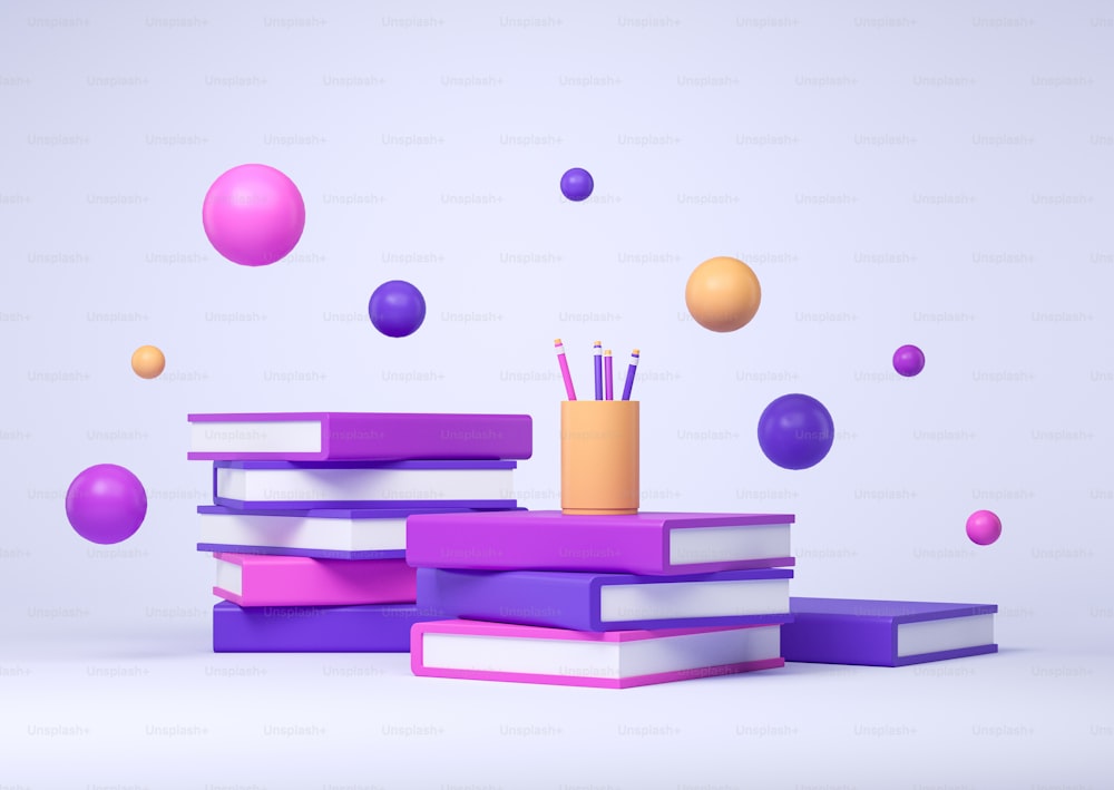 Pila de libros, bolas flotantes y taza de lápiz sobre fondo púrpura, renderizado 3D. Concepto de educación e investigación