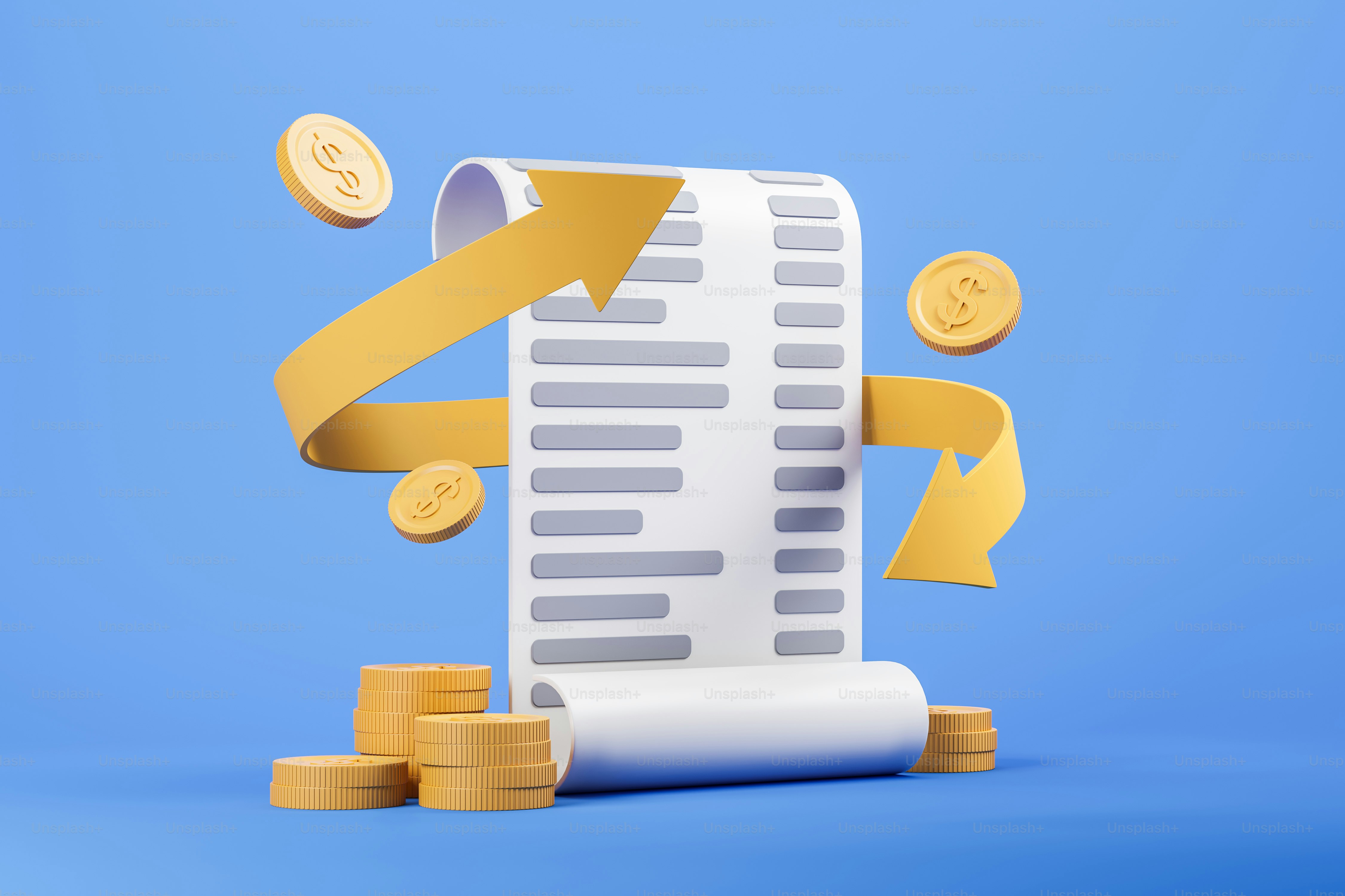 Tanda terima cetak dengan panah kuning bengkok sebagai konsep program hadiah uang kembali, jatuh koin dolar emas. Latar belakang biru. Belanja online dan konsep biaya hidup. Rendering 3D