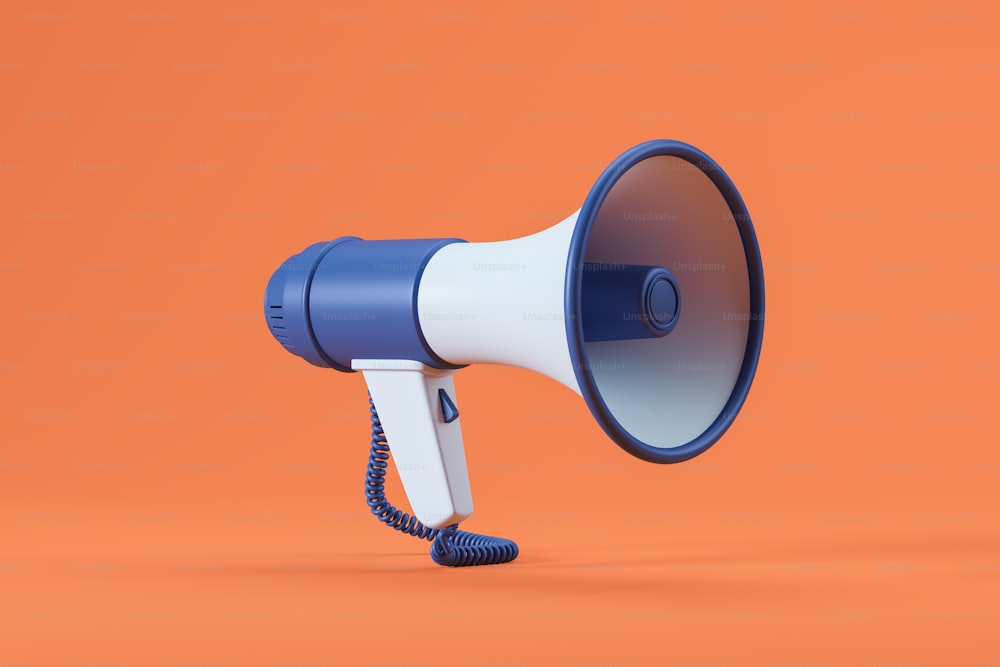 Altoparlante su sfondo arancione, annuncio megafono come simbolo di pubblicità e promozione. Bullhorn per messaggi pubblicitari. Rendering 3D