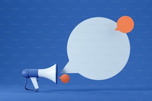 Altavoz sobre fondo brillante con burbuja de diálogo, anuncio de megáfono como símbolo de publicidad y promoción. Espacio de copia vacío, renderizado 3D