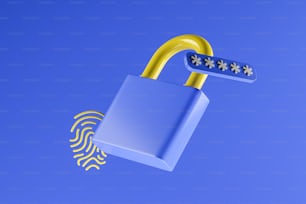 Blue padlock and yellow fingerprint behind hovering on air. Password interface to log in. Cyber security, data protection and privacy concept, authorization and authentication. 3D rendering