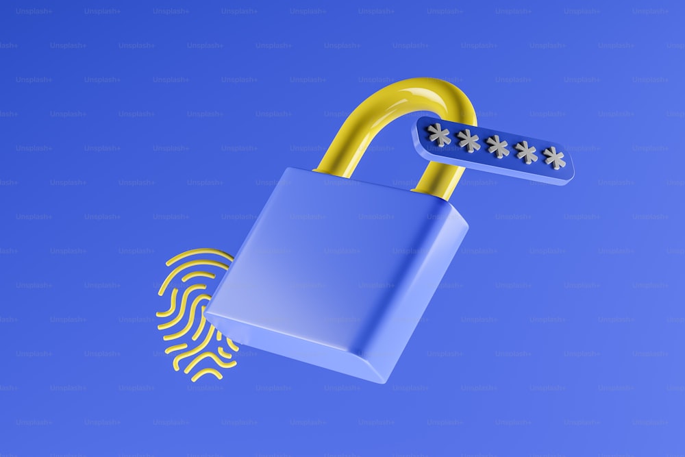 空中に浮かぶ後ろに青い南京錠と黄色の指紋。ログインするためのパスワードインターフェイス。サイバーセキュリティ、データ保護とプライバシーのコンセプト、承認と認証。3Dレンダリング
