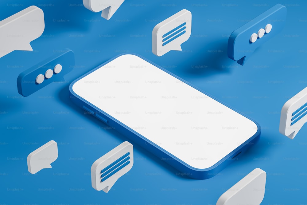 전화 표시 및 알림. 문자 메시지와 함께. 파란색 말풍선과 모형 복사 공간, 측면 보기가 있는 화면. 소셜 미디어와 온라인 채팅의 개념입니다. 3D 렌더링
