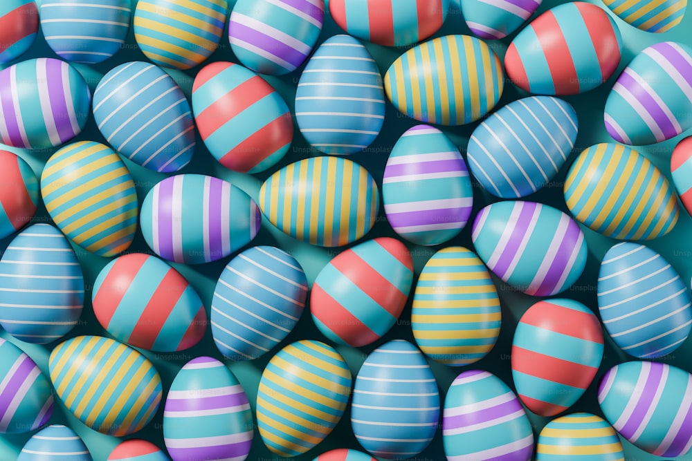 Blu e rosso, uova di cioccolato pasquale. Decorazione di uova dipinte, diversi colori. Immagine di sfondo delle vacanze. Rendering 3D