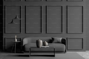Dark grey living room interior with a sofa, a coffee table, two pendant lights, wall moulding and a rug on the concrete floor. A concept of modern minimalist house design. 3d rendering