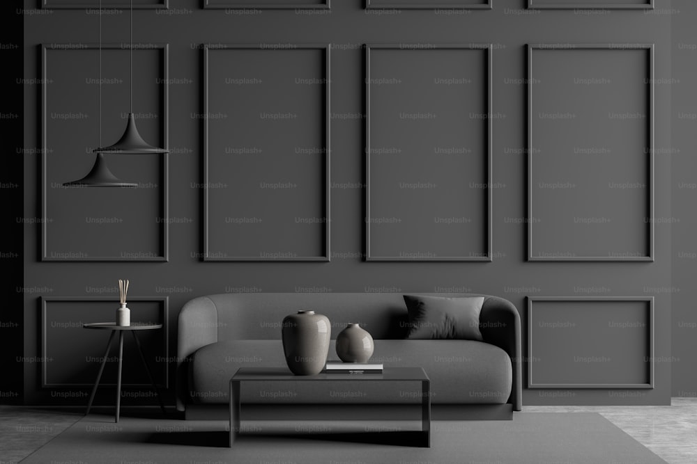 Interior de la sala de estar gris oscuro con un sofá, una mesa de café, dos luces colgantes, molduras de pared y una alfombra en el piso de concreto. Un concepto de diseño de casa minimalista moderno. Renderizado 3D